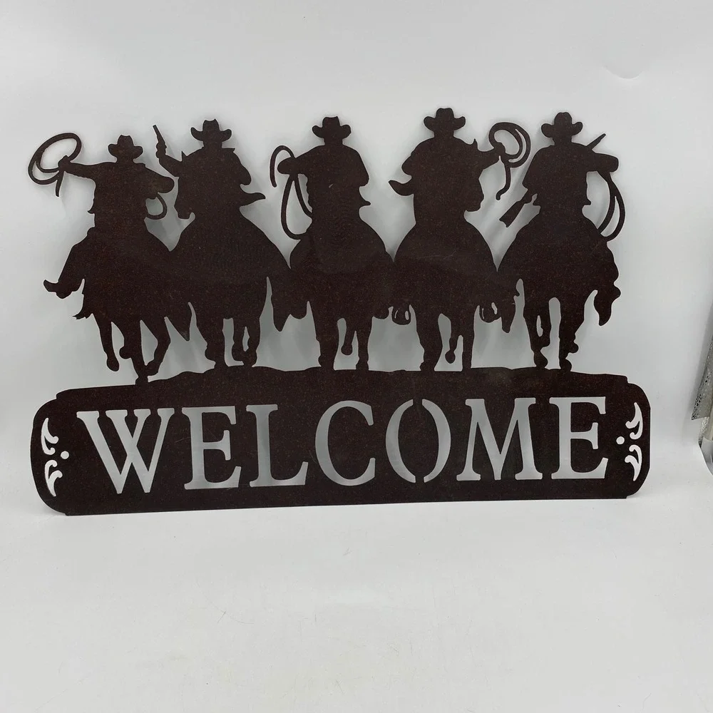 Large Metal Cowboy Welcome Sign Rust Brown Western Wall Art Ranch Rodeo Horse